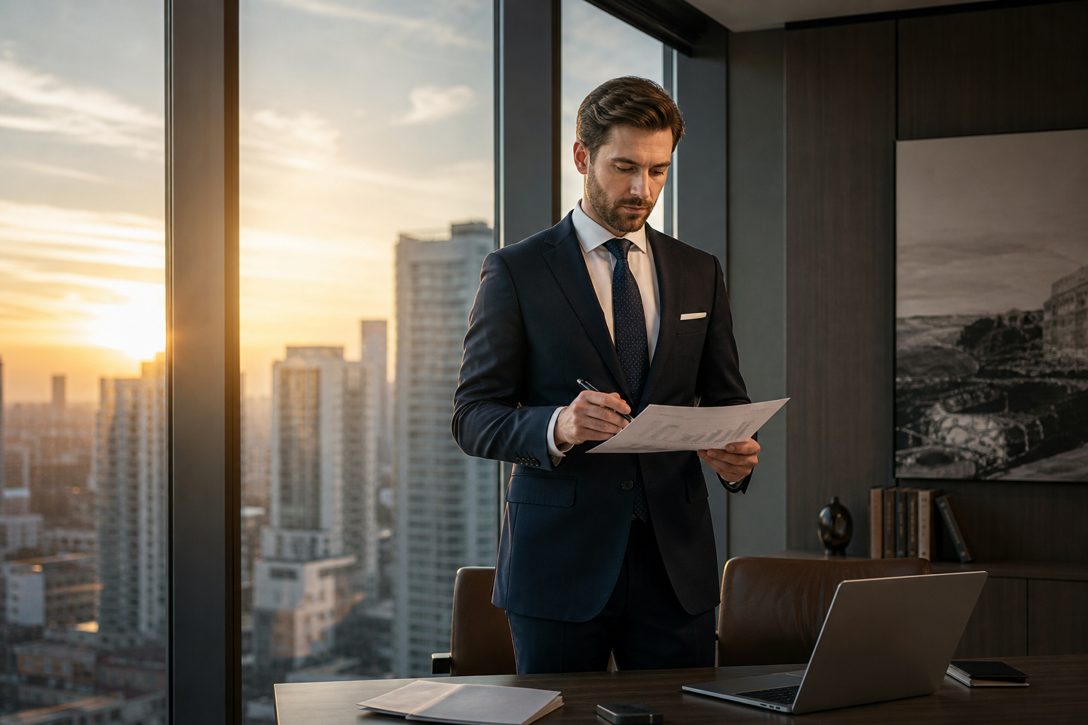 Executive in Office Facing Window Calm and Focused